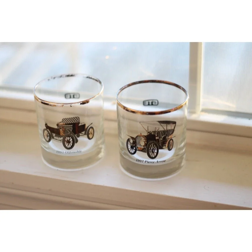 2 Classic Car Cocktail Gold Rimmed Glasses 1903 Oldsmobile 1907 Pierce Arrow GTE